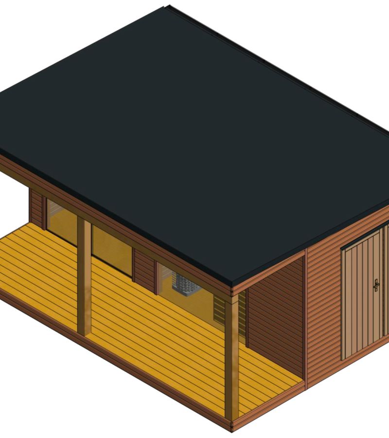 Finská sauna s odpočívárnou, WC místnosti a kůlnou